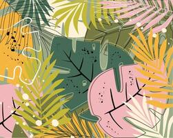 vector verano antecedentes con brillante resumen tropical hojas monstera flores conjunto de moderno diseño plantillas en minimalista plano estilo para ventas, póster, encabezamiento, tarjeta, cubrir, social medios de comunicación