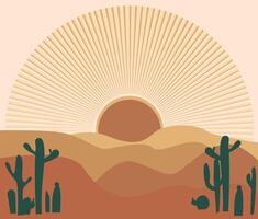 Flat background desert waves gradient sand, sunset big rays, cacti, modern design in boho style calm shade for banner, card, poster vector