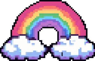 AI generated 8 bit pixel art rainbow and clouds. Vector icon in retro game style isolated on white background