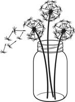 diente de león flores en un vaso tarro negro y blanco. vector ilustración.