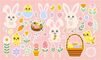 Easter stickers set with bunny, eggs, flowers, basket. Vector illustration