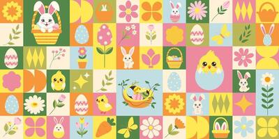 Easter icons elements with geometric pattern. Bauhaus style. Rabbit, flower, chick, egg, basket. Vector flat design for poster, card, wallpaper, poster, banner, packaging.