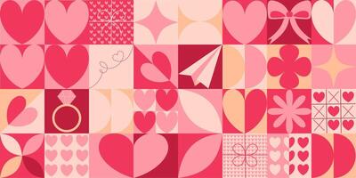 Valentines Day icons elements with geometric pattern. Bauhaus style vector