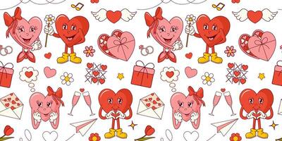 Seamless pattern with groovy hearts for Valentine's Day on pink background. vector