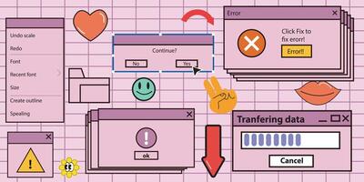 90s retro vaporwave, nostalgic computer ui icons and windows vector set. vector illustration design collection