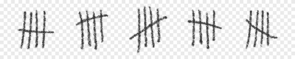 Charcoal tally marks. Set of day counting symbols. Four hand drawn sticks crossed out by slash line. Number 5 in unary numeral system vector