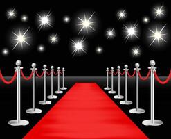 Silvery barriers with sparkling spotlights and red carpet. Realistic fence with rope on black background. Vector illustration.