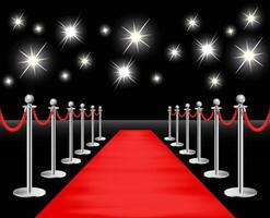 Silvery barriers with sparkling spotlights and red carpet. Realistic fence with rope on black background. Vector illustration.