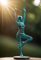 AI Generated Woman in yoga pose, bent wire figure on nature backdrop, Creative figures symbol of yoga and harmony, art and serenity intersection. Female fitness yoga routine concept. Healthy lifestyle photo