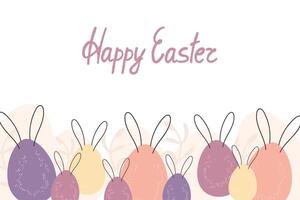 Happy Easter banner colored eggs with rabbit ears. Vector easter banner