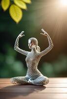 AI Generated Woman in yoga pose, bent wire figure on nature backdrop, Creative figures symbol of yoga and harmony, art and serenity intersection. Female fitness yoga routine concept. Healthy lifestyle photo