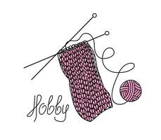 Knitting ball and knitting needles. The inscription, Hobby, handmade. Logo, doodle style drawing. Symbol of needlework, homework, background isolated. vector