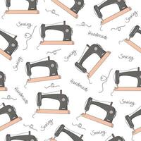 Sewing machine pattern and inscriptions. Doodles, black outline drawings. Hand lettering. Handicraft, hobby, handmade icons. Vector seamless background.