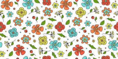 Flowers pattern. Colorful abstract flowers in doodle style. Plant botanical vector background for print packaging, wallpaper, textiles.