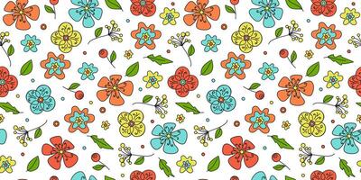 Flowers pattern. Colorful abstract flowers in doodle style. Plant botanical vector background for print packaging, wallpaper, textiles.