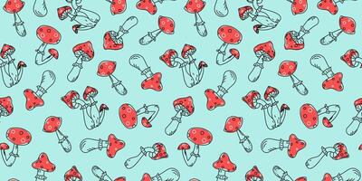 Fly agaric mushrooms, Amanita Muscaria. Seamless pattern. Set of Poisonous mushrooms. Drawing. Vector background, doodle.