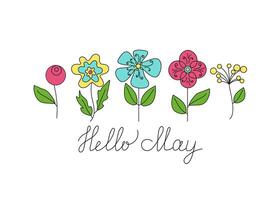 Hello, may. Flowers and inscription isolated on a white background. Hand lettering on banner, card, poster. For colorful greeting card, invitation. Text and abstract flowers in doodle style vector
