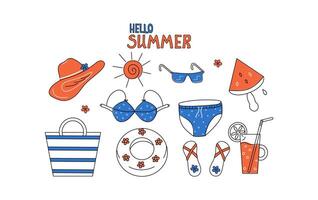 Hello summer inscription. Drawings, doodle beach accessories, summer bag, sunglasses, swimsuit, hat. Collection, set clothes for summer holidays, vacations, parties sea. Food, drinks. vector