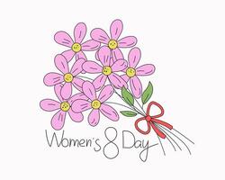 Bouquet, flowers, festive packaging. Inscription, lettering Women's Day March 8. Drawing Chamomile, meadow flower. Design element for wedding, birthday, doodle. Vector illustration.