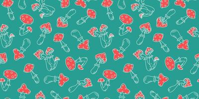 Amanita. Fly agaric mushrooms. Seamless pattern. Set of Poisonous mushrooms. Drawing. Vector background, doodle.