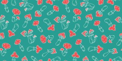 Amanita. Fly agaric mushrooms. Seamless pattern. Set of Poisonous mushrooms. Drawing. Vector background, doodle.