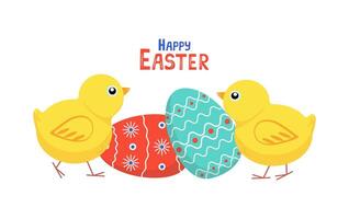 Chickens and eggs. Easter set of painted Easter eggs. Cartoon yellow chicks. Banner, postcard with the festive inscription Happy Easter. Decor for Easter, vector illustration. Background isolated.