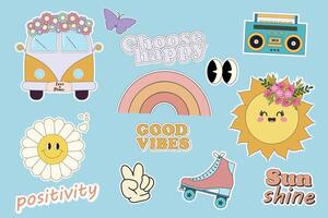 Groovy hippie 70s stickers. Funny cartoon flower,rainbow, peace, Love, heart, daisy, hippie bus etc. Sticker pack in trendy retro psychedelic cartoon style. Flower power. Only good vibes. Choose happy vector