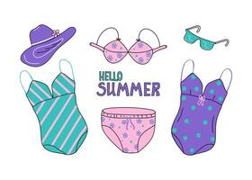 Hello summer inscription. Summer clothes for the beach. Set of bright swimsuits for the beach and pool, doodles. Women's collection. Vector illustration on white isolated background.