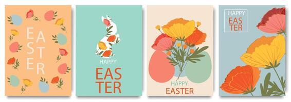 Happy Easter Set of greeting cards, posters, holiday covers. Trendy vector design with typography, spring hand drawn flowers,  eggs and bunny in pastel colors. Modern art minimalist style