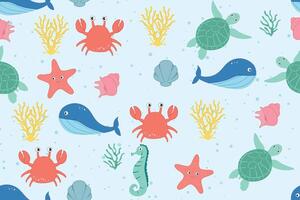 Colorful seamless pattern with sea animals. Trendy pattern of seashells for wrapping paper, wallpaper, stickers, notebook cover. vector