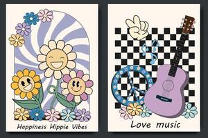 Groovy hippie 70s posters love music. Groovy hippie 70s posters, retro wall art print with cute cartoons in trendy style. Comic characters in trendy retro 60s 70s style vector