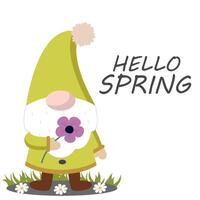 Hello Spring Quotes With Garden Gnome Illustration. Floral springtime hand drawn prints design. Positive phrases for stickers, postcards or posters vector