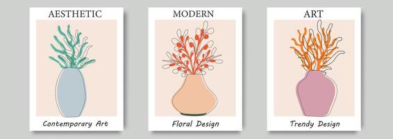 resumen moderno carteles en matisse estilo. contemporáneo impresión con inspirado en la naturaleza, irregular recortes formas retro boho pared decoración pinturas con resumen flores vector