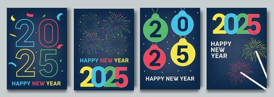 contento nuevo año 2025 saludo tarjeta colección en neón colores. carteles modelo con minimalista gráficos y tipografía. creativo concepto para bandera, volantes, cubrir, social medios de comunicación vector