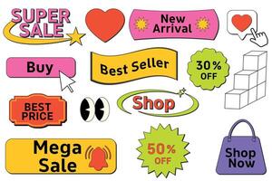 Set of trendy sale stickers and elements for business. Graphic shapes for a store sale, online promotion, social media posts, UI UX design. Modern Y2K vector elements with editable stroke