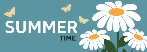 Hello summer. Summer abstract background, banner, poster with daisies and leaves. Summer leaves. Modern trendy colorful design. Template for advertising, web, social media. vector