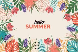 Floral tropical background. Hello summer. Summer abstract background, banner, poster with spring flowers and leaves. Modern trendy colorful design. Template for advertising, web, social media vector