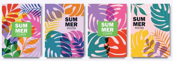 Summer bright illustrations set for poster, card, cover, label, banner in modern minimalist style with overlay effect. Modern simple summer design templates with tropical leaves and plants. Vector