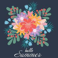 Summer floral background with flowers and leaves on dark background. Flat design. Vector illustration for greeting card, banner, poster, social media post.