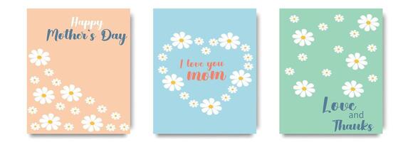 Greeting hand drawn Mother's Day card set. Trendy posters, web banners or covers with wildflowers, daisies, roses, tulips bouquet. Hand drawn Floral art template for Mothers Day, birthday, Womens Day vector