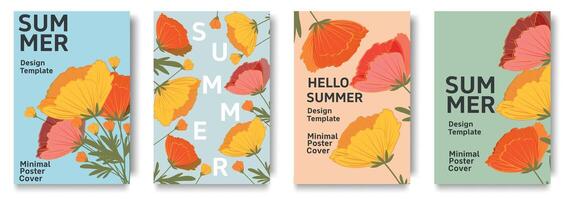 Set of trendy summer posters with flowers. Summer set of the cutest cards or posters for the summer holiday with wildflowers. Hand drawn Floral art templates. summer season or natural concept vector