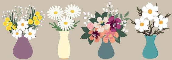 Flower in vase set. Flower blossoms in vase, bunch of plants and blooming leaves, garden decor with botanical elements. Beautiful spring summer decor. vector