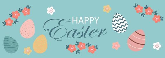 Happy Easter banner. Trendy and bright Easter design with border frame made of eggs, easter bunny and spring flowers in pastel colors. Modern art style. Horizontal poster, greeting card, web header vector