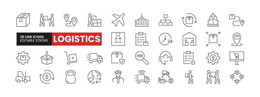 Set of 36 Logistics line icons set. Logistics outline icons with editable stroke collection. Includes Imports Exports, Freight, Warehouse, Custom Inspection, Supply Chain, and More. vector