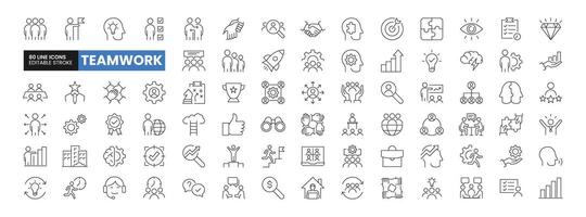 Set of 80 Teamwork line icons set. Teamwork outline icons with editable stroke collection. Includes Team, Cooperation, Vision, Motivation, Success, and More. vector