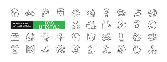 Set of 36 Eco Lifestyle line icons set. Eco Lifestyle outline icons with editable stroke collection. Includes Solar Energy, Think Green, Recycling, CO2 Neutral, Green City, and More. vector