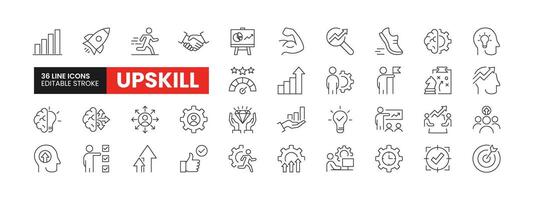 Set of 36 Upskill line icons set. Upskill outline icons with editable stroke collection. Includes Progress, Growth, Strategy, Managing, Target, and More. vector