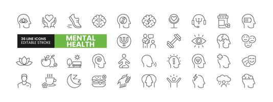 Set of 36 Mental Health line icons set. Mental Health outline icons with editable stroke collection. Includes Depression, Anxiety, Yoga, Healthy Lifestyle, Wellness, and More. vector
