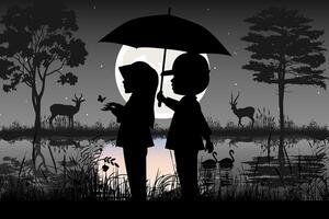 little boy and girl silhouette landscape vector