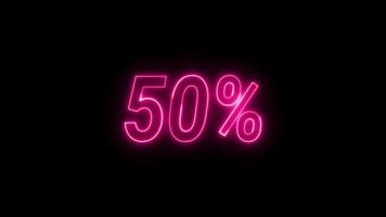 50 text font with neon light. glowing sign on black background. 50 Percent loop animation video